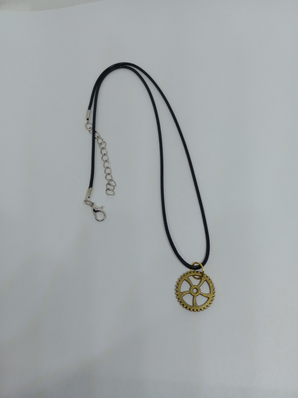 Black Cord Necklace with Gold Gear Pendant
